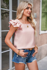 Gossamer Pink Textured Bow Frilled Ruffle Sleeve Blouse